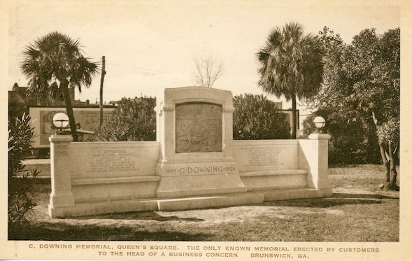 Postcard showing monument that includes a bronze portrait of Downing and is located in Queen Square.