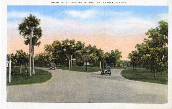 Postcard showing entrance to St. Simons Island circa 1930