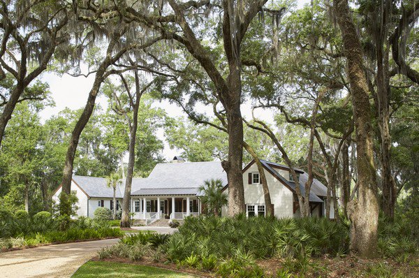Live Oaks dramatically frame this cottage-style home in Frederica.