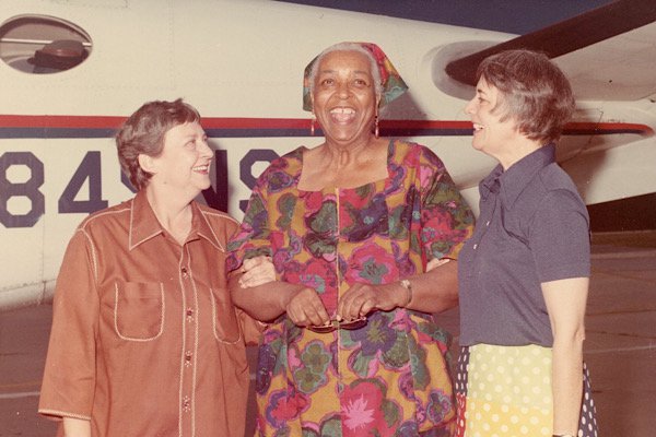 Eugenia Price and Joyce Blackburn welcome Ethel Waters at the SSI Airport